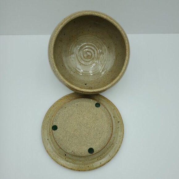 Pottery Covered Cheese Dish Butter Dish Lidded Tan Blue Band Pottery Dish - Picture 4 of 6